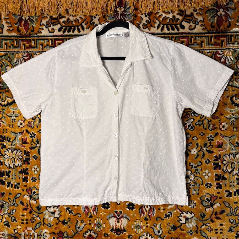 90s VTG Allyson Whitmore Raised Swiss Dot Embroidered White Shirt XL 100% Cotton